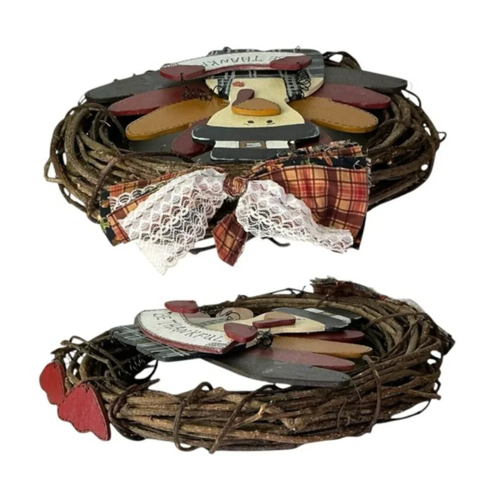 Hand Crafted Thanksgiving Turkey Wreath BeThankful Rustic Red Brown Accent 14 In